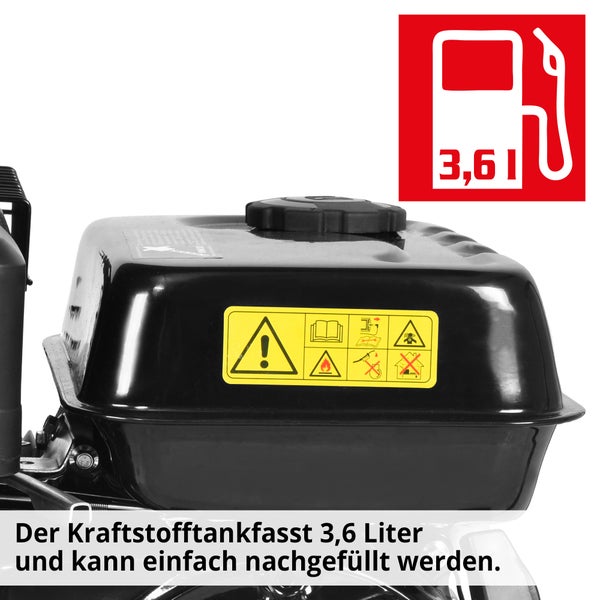 Kraftstofftank mit Warnhinweisen und Symbol für Tankvolumen