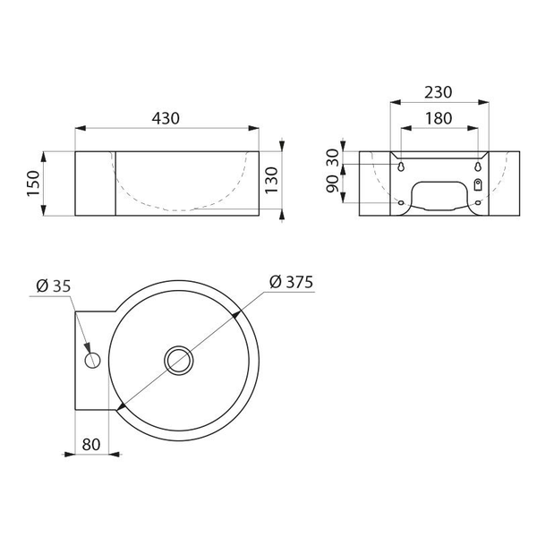 Technische Zeichnung eines runden Waschbeckens mit Maßen: Breite 430 Millimeter, Höhe 150 Millimeter, Durchmesser 375 Millimeter.