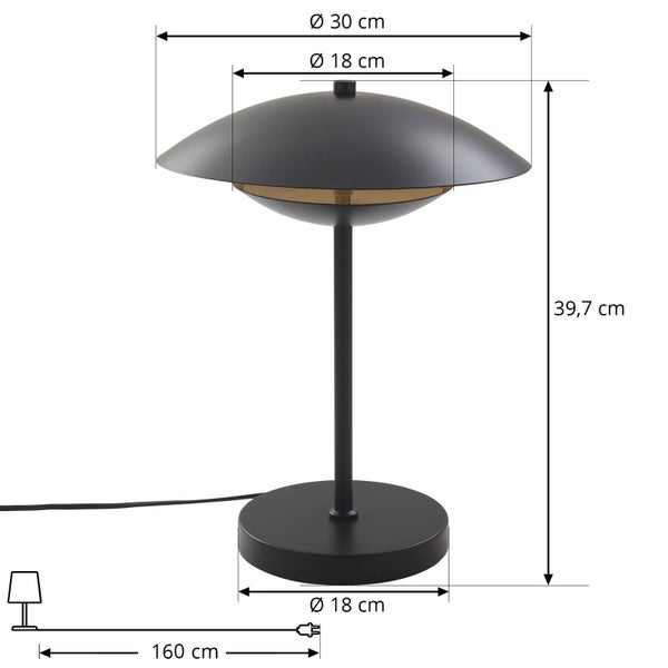 Schwarze Tischleuchte. Maße: Höhe 39,7 Zentimeter, Schirmdurchmesser 30 Zentimeter, Fußdurchmesser 18 Zentimeter, Kabellänge 160 Zentimeter.