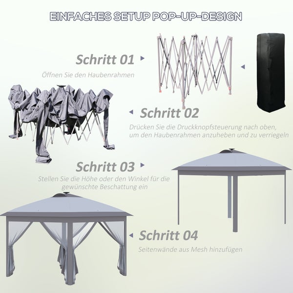 Outsunny Pavillon  3,3 x 3,3 m Faltpavillon mit LED, USB-Ladeanschluss Pop-Up-Pavillon mit Mesh-Seitenwände Gartenpavillon mit Sonnenschutz inkl. Tasche Oxford Grau