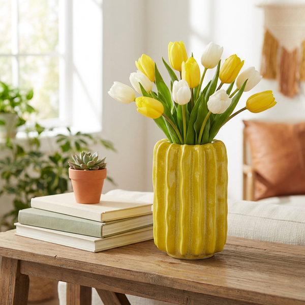 Gelbe Vase mit weißen und gelben Tulpen auf einem Holztisch