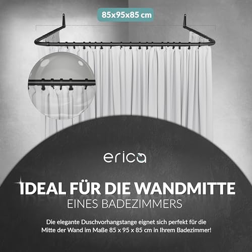 Erica Winkelstange Dusche 85x95x85 cm, Winkelstange Duschvorhang, Wandmontage ohne Deckenbefestigung, Schwarz Pulverbeschichteter Stahl, 100% Rostfrei