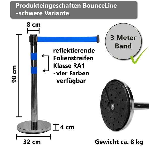 UvV BounceLine Personenleitsystem, Edelstahl 2 x 90 cm3 m Gewebeband / Rot / Heavy ca. 8 kg bis 3 m