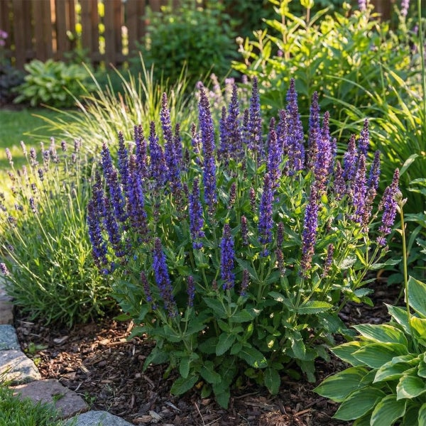 Blühende Steppensalbei-Pflanze mit aufrechten violetten Blütenständen in einem Gartenbeet mit Mulch.