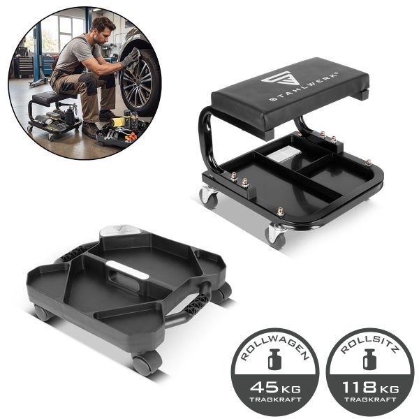 STAHLWERK Werkstatt-Rollsitz und Rollwagen Set, gepolsterter Sitz mit Ablage, Tragkraft Rollsitz 118 Kilogramm, Tragkraft Rollwagen 45 Kilogramm.