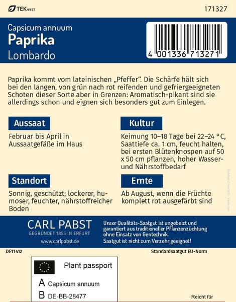 Rückseite der Samentüte für Paprika Lombardo von Carl Pabst mit Informationen zu Aussaat, Kultur, Standort und Ernte.