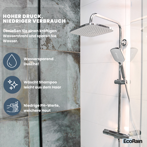 EcoRain 30% Wassersparender Regenduschkopf Mark 30 CM Rechteckig - Hoher Wasserdruck - Universeller Anschluss - Anti-Kalk Duschkopf - Chrom