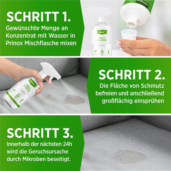PRINOX® 1030ml Enzymreiniger Konzentrat inkl. Mischflasche I STARKER GERUCHSENTFERNER I Ergibt bis zu 40L Geruchsneutralisierer I Beseitigt Hundeurin, Katzenurin Geruch tiefgreifend uvm. I Made in DE