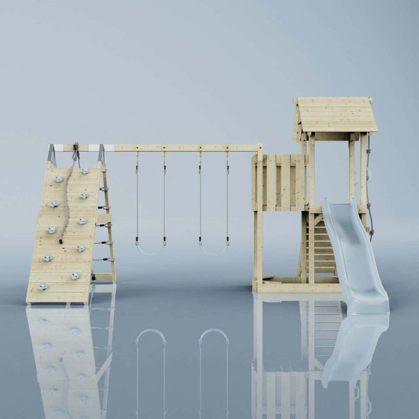 Spielturm aus Holz mit Rutsche, Kletterrampe, Knotenstrick und Leiter.