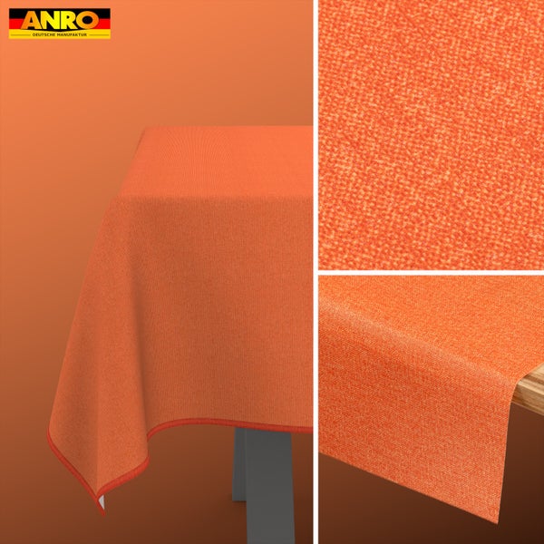 Anro Tischdecke aus strukturiertem Gewebe in Orange auf einem Tisch mit Detailansicht der Stoffoberfläche. Anro Logo.