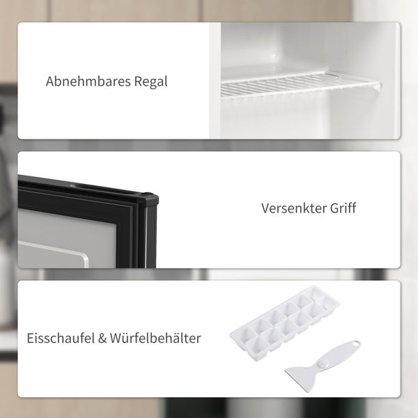 Details eines Kühlgeräts mit abnehmbarem Regal, versenktem Griff, Eisschaufel und Eiswürfelbehälter.