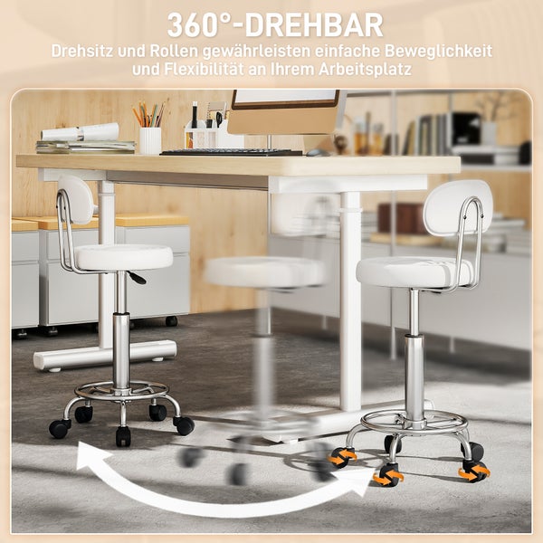 Drehbarer Arbeitshocker mit Rollen und verstellbarer Sitzhöhe in einem modernen Büro mit Schreibtisch.