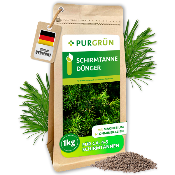 Purgrün Schirmtannen Dünger im 1 Kilogramm Beutel für dichtes Nadelwerk, mit Magnesium und Tonmineralien, hergestellt in Deutschland.