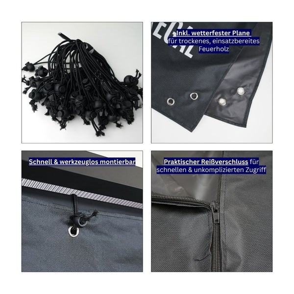 Details einer Holzlagerhülle: Gummibänder, wetterfeste Plane, Ösen, Reißverschluss