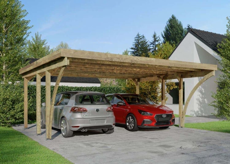 Alpholz Doppelcarport Aarhus Carport aus Holz in Grün, Unterstand Überdachung imprägniert 6x5m