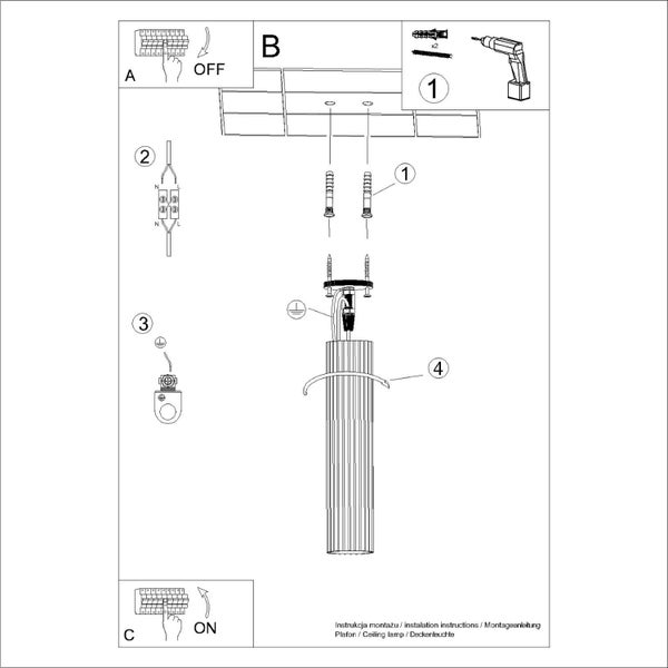 Installationsanleitung für eine Deckenleuchte mit Schrauben, Dübeln, Klemmen und Lampe