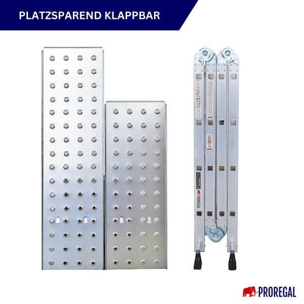 Platzsparende Klappleiter im zusammengeklappten und ausgeklappten Zustand