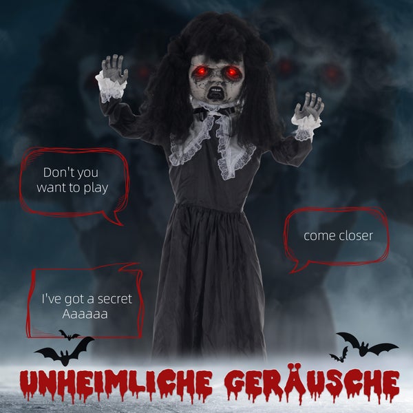 HOMCOM 160cm Halloween Dekoration Geisterpuppe mit LED-Lichter, Soundfunktion, Haustür Deko mit verstellbare Arme, Garten Dekofigur in Lebensgröße für Party