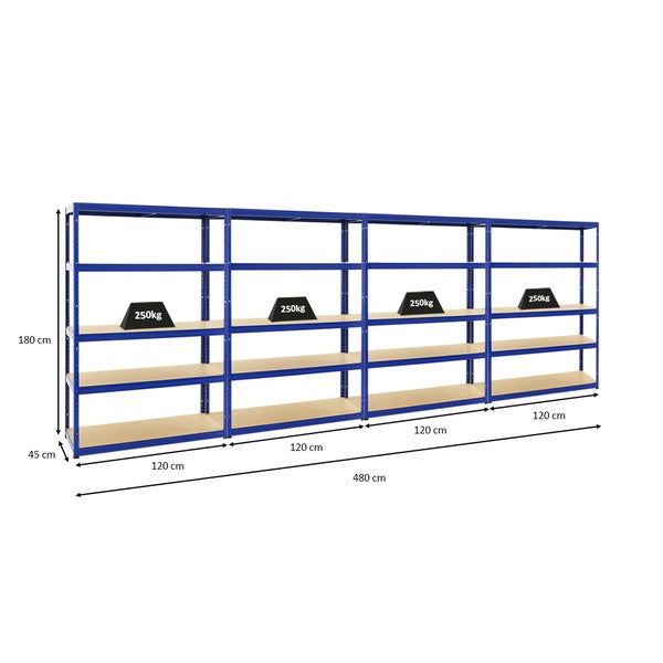 PROREGAL Mega Deal 4x Schwerlastregal Big Elephant S HxBxT 180 x 120 x 45 cm Fachlast 250 kg Blau