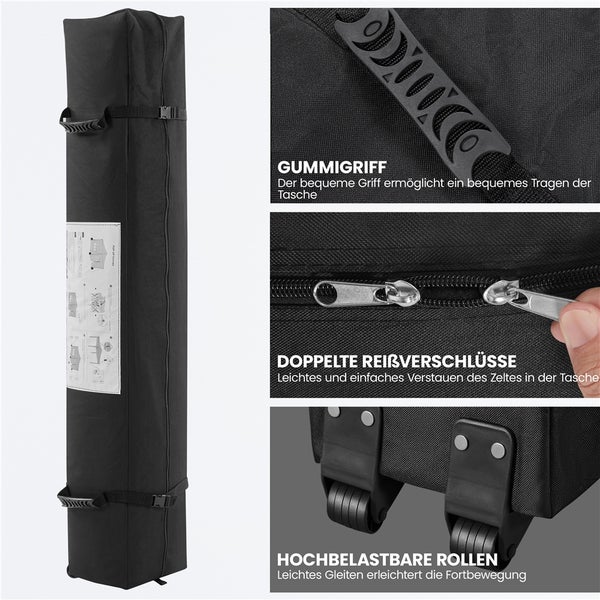 Schwarze Tragetasche mit Gummigriff, Reißverschlüssen und Rollen