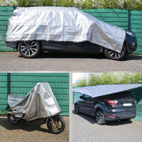 Reflektierende Mehrzweck-Abdeckplane für Auto und Motorrad, silberne Hitzeschutzplane mit Metallösen zur Befestigung.