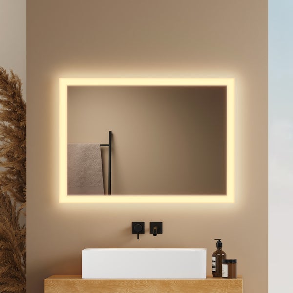 EMKE Badspiegel mit LED-Beleuchtung 70 x 50 cm, beschlagfrei, rostfreier Spiegel, Warmweiß/Kaltweiß, seitlicher Kippschalter, mattierter Rand, IP44, für Bad