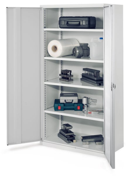 Werkstattschrank mit Regalen und verschiedenen Werkzeugen und Materialien