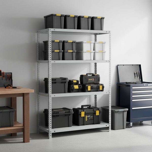 Ein organisiertes Metallregal in einer hellen Werkstatt, bestückt mit Werkzeugkoffern und Kunststoffboxen neben einer Werkbank.