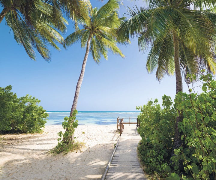 Holzweg zum Strand mit Palmen