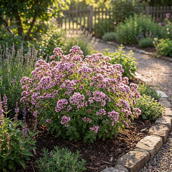 Blühende Oregano-Pflanze mit rosa Blüten in einem Gartenbeet mit Rindenmulch und Steinbegrenzung an einem Kiesweg.