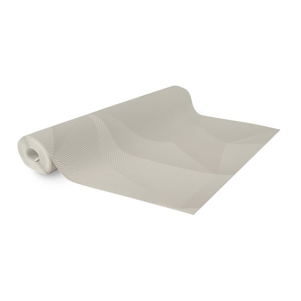 Beige Vliestapete mit geometrischem Linienmuster, teilweise ausgerollte Rolle.