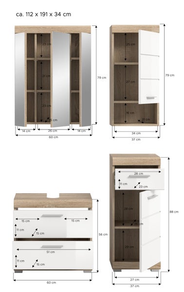 Badmöbel-Set mit Spiegelschrank, Schränken und Waschbeckenunterschrank inklusive detaillierter Maße in Zentimeter.