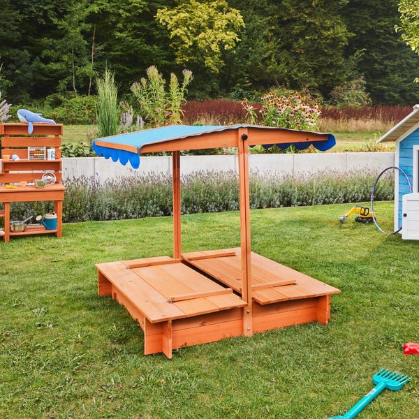 Home Deluxe - Sandkasten BUDDELKISTE - Mit verstellbarem Dach und Bodenplane - Maße: 110 x 110 x 110 cm - inkl. komplettem Montagematerial I Sandspielkasten Holzsandkasten Sandspielzeug