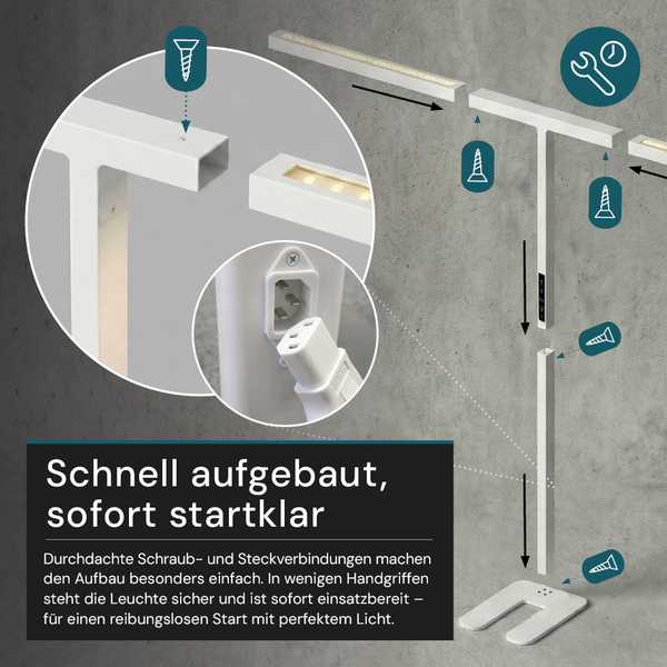 Abbildung einer Stehleuchte im zerlegten Zustand zur Illustration des einfachen Aufbaus