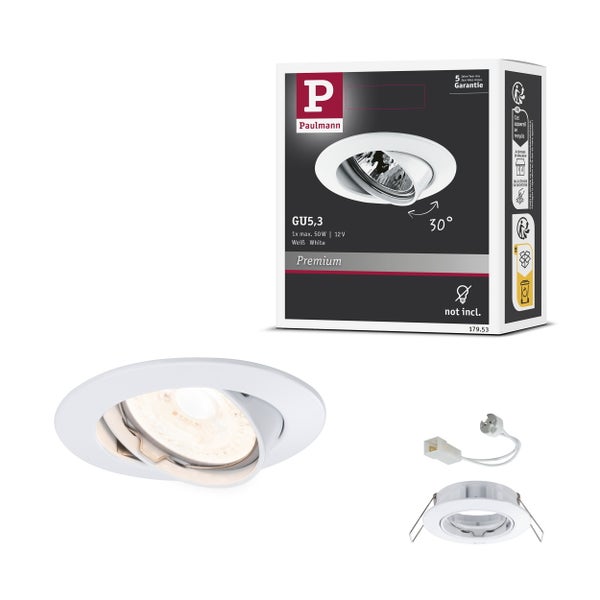 30 Grad schwenkbarer Paulmann Einbaustrahler GU5,3 in Weiß, 12 Volt, maximal 50 Watt, inklusive Montagematerial und Verpackung.