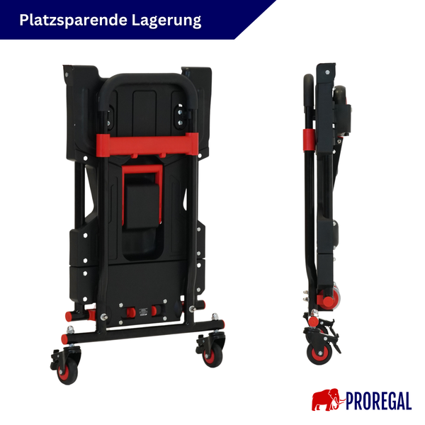 Zusammengeklappter Proregal Plattformwagen für platzsparende Lagerung in Frontal- und Seitenansicht.