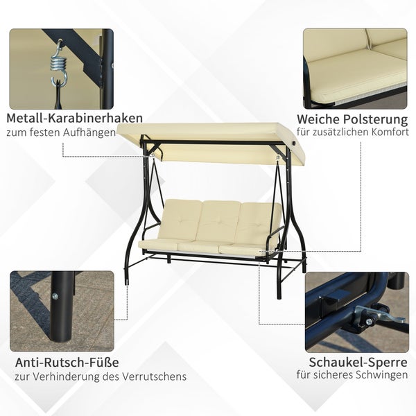 Outsunny 2 in 1 Hollywoodschaukel mit Liegefunktion 3-Sitzer Gartenschaukel mit verstellbarem Sonnendach, Schaukelbank belast bis 240kg, Gartenliege für Garten, Terrasse, 195x117x175 cm, Beige