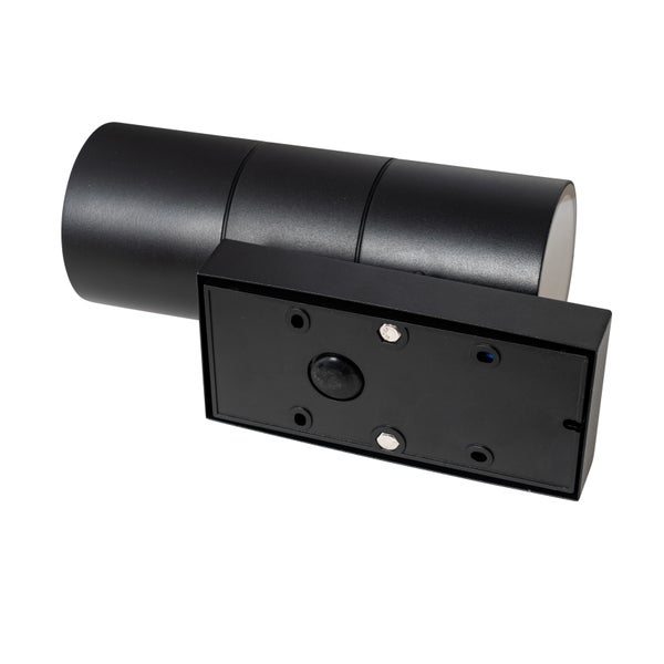 Schwarze zylindrische Außenwandleuchte mit rechteckigem Montagesockel, Rückansicht der Anschlussbox.