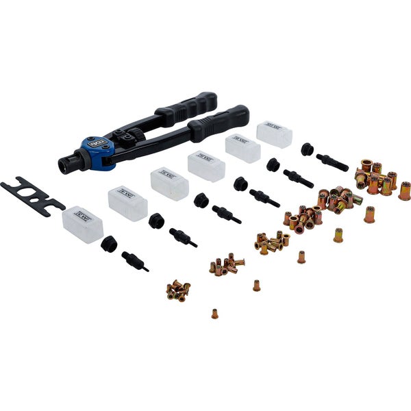 Blindnietmutternzange mit verschiedenen Aufsätzen und Blindnietmuttern