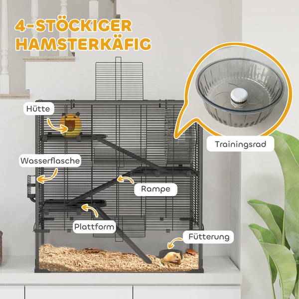 PawHut Hamsterkäfig für Zwerghamster, 4-stufiges Nagerkäfig mit Glasboden, Hütte, Laufrad, Rampen, Futterschale, Kleintierkäfig Zwerghamsterkäfig 78,5 x 48,5 x 80 cm Schwarz