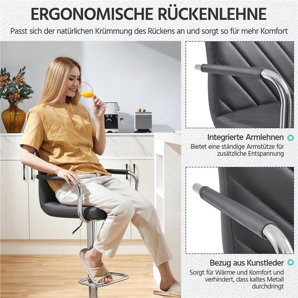 Szene mit einer Frau, die auf einem Barhocker mit Kunstlederbezug und ergonomischer Rückenlehne in einer hellen Küche sitzt.