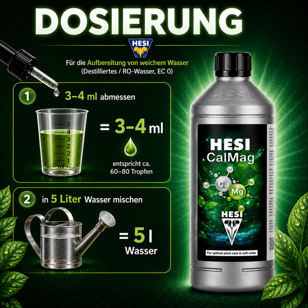 Hesi CalMag Dosierungsanleitung fuer die Aufbereitung von weichem Wasser mit grafischer Darstellung der Anwendungsschritte.