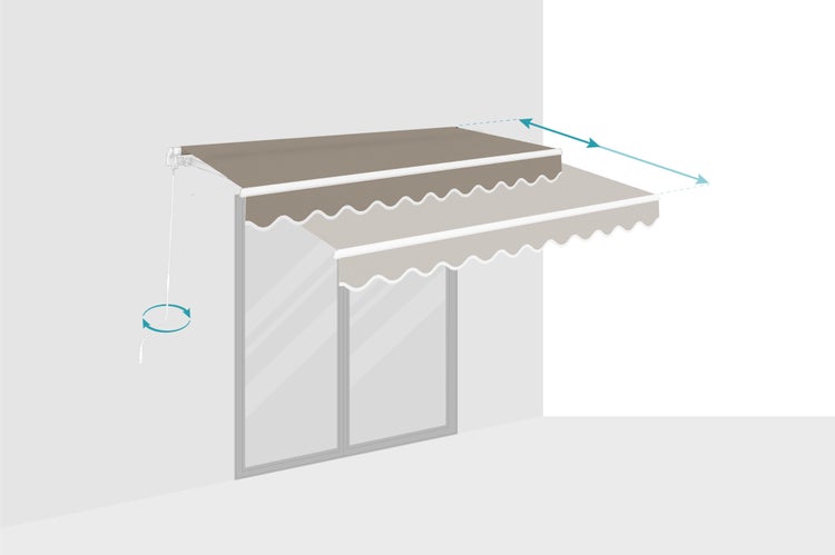 Illustration einer Markise mit Kurbelmechanismus zur Größenverstellung