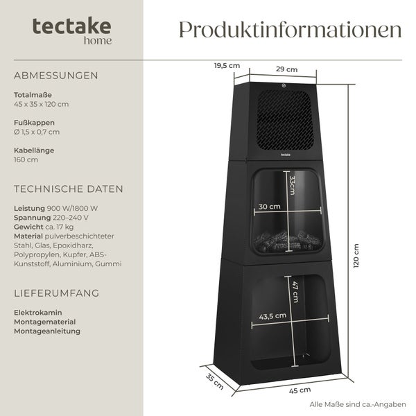 Produktinformationen für den Elektrokamin von tectake mit Maßangaben
