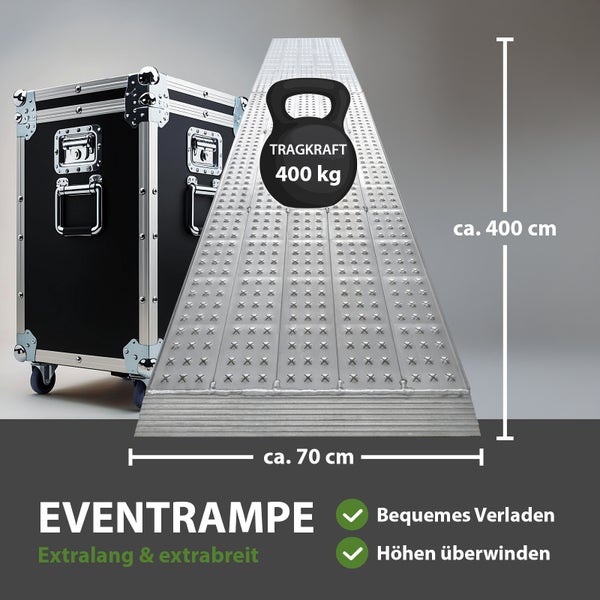 Eventrampe aus Metall mit 400 Kilogramm Tragkraft und Maßen von circa 400 Zentimeter Länge und 70 Zentimeter Breite zum bequemen Verladen.