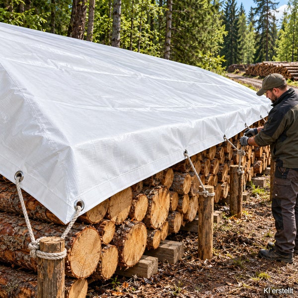 Eine Person befestigt eine Schutzplane über einem Holzstapel im Wald mittels Seilen an Holzpfosten.