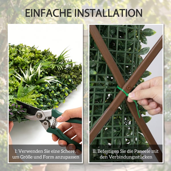 Montageanleitung für Kunstpflanzenpaneele: Zuschneiden mit einer Schere und Befestigen mit Verbindungsstücken an einem Rankgitter.