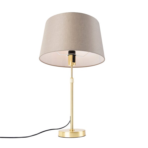 Tischleuchte mit grauem Stoffschirm und goldfarbenem Metallfuss.