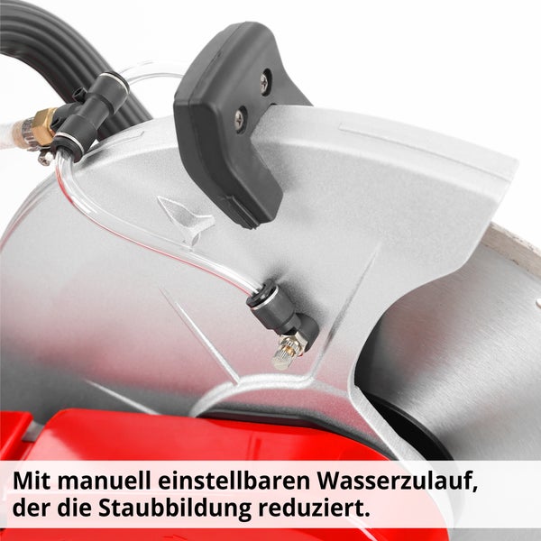 Detailansicht Fliesenschneider mit manuell einstellbarem Wasserzulauf zur Staubreduzierung