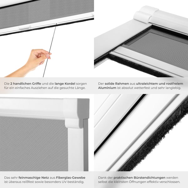 Details eines Insektenschutzrollos mit Aluminiumrahmen und Fiberglasgewebe